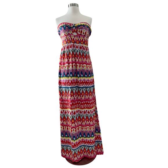 Boho Beachy Strapless Smocked Babydoll Maxi Dress Size L Whimsical Resort Wear - Picture 7 of 10